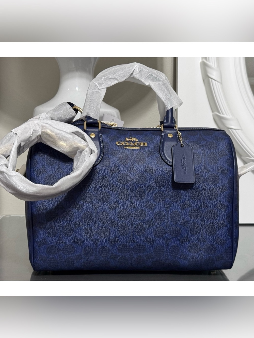 COACH Rowan Large Satchel Bag In Signature Canvas, NAVY BLUE